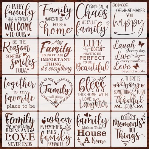 16pcs Family Inspirational Word Stencil Kit Motivational Stencils Phrase Word Reusable Mylar Template Stencils Large Alphabet Welcome Calligraphy Font Suitable for Painting on Wood Wall Home Decor
