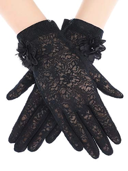 SATINIOR Lady Lace Floral Gloves Elegant Short Lace Gloves Summer Gloves for Wedding Halloween Cosplay Party - Black