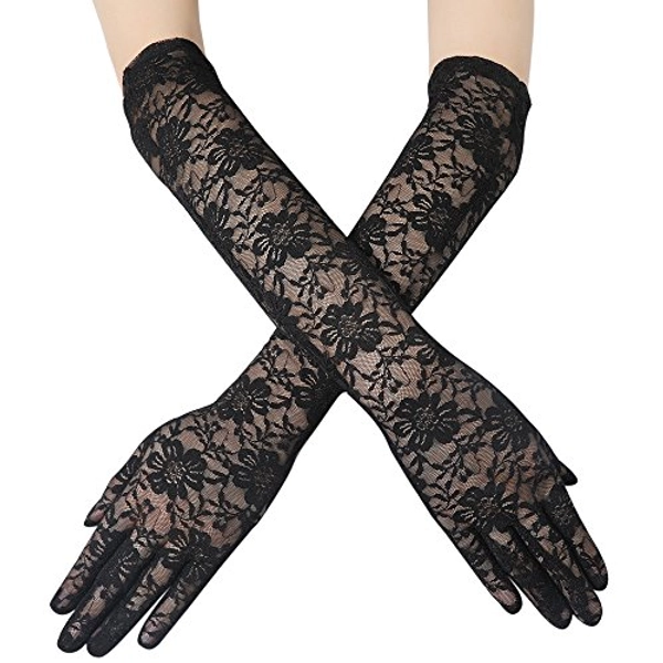 BABEYOND Lace Gloves for Women – Long Floral Wedding Gloves for Bride Satin Gloves Elbow Length Flapper Accessories - Black