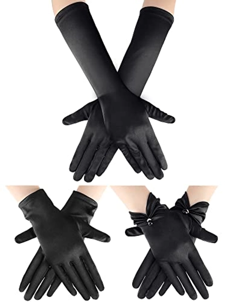3 Pairs Women's Long Satin Gloves Elbow Length 1920s Opera Bridal Gloves Short Wrist Length Stretchy Gloves with Pearl - Black