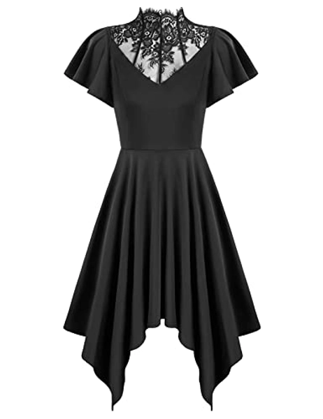 Scarlet Darkness Women's Black Goth Dresses Lace Neckline Vintage Party Dress - Large - Black Irregular