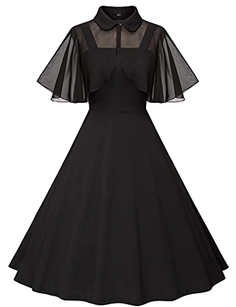 Milreason 1950s Dresses for Women Vintage Goth Swing Cocktail Dress with Pockets and Chiffon Shawl - Large - Black