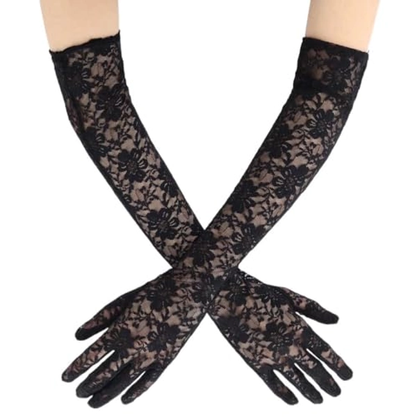 Campsis Floral Lace Gloves Costume Lace Glove - Black01
