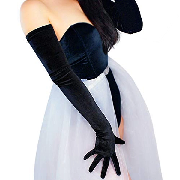 DooWay Super Long Velvet Gloves for Women Shoulder Length Stretchy 1920 Flapper Opera Party Evening Gloves - Black