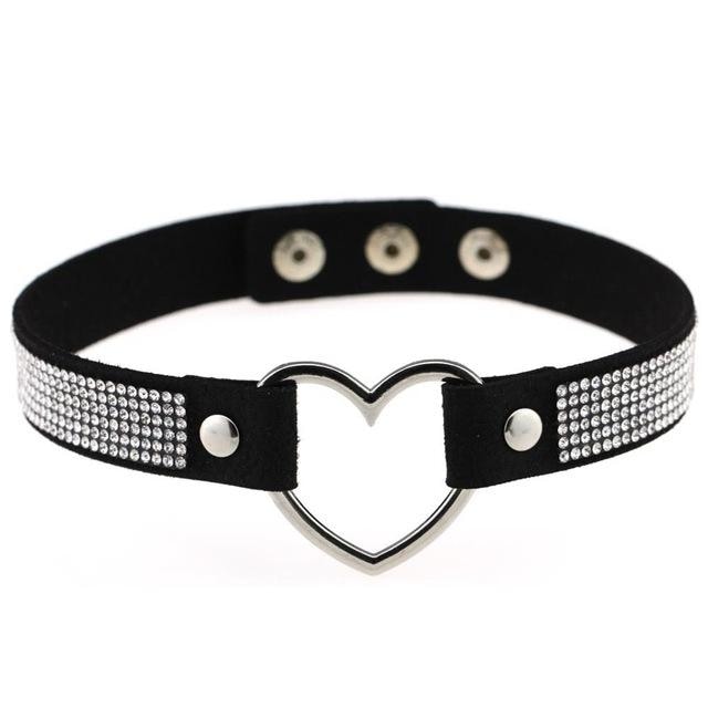 Rhinestone Heart Choker - Black