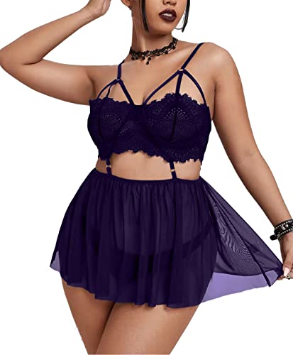 Pyroluna Women's Sexy Plus Size Lingerie Sheer Lace Babydoll Strappy Exotic Sleepwear Eyelash Split Cup Chemise XL-4XL - 3X-Large - Purple