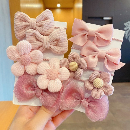Cute Pink Bow & Flower Hair Ties - 10Pcs
