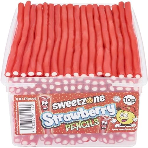 Sweetzone Strawberry Pencils, Retro Sweets Tub, Candy Sticks, 100 pcs, Halal Sweets, Sweets Bulk, Sweet Cart, Gummy Sweets, American Candy, UK British Sweets for Sweet Enthusiasts - Strawberry
