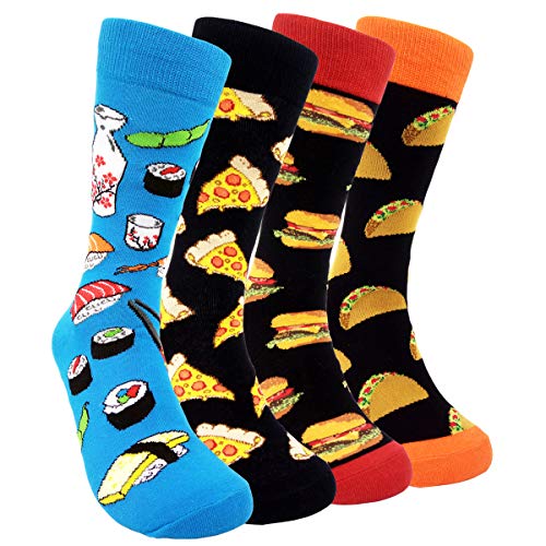 HSELL Mens Fun Patterned Dress Socks Funny Novelty Crazy Design Cotton Socks Gift for Men - One Size - 4 Pairs - Burger/Sushi/Cheese/Taco
