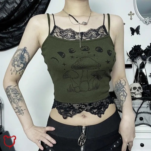 Pixie's lace patchwork crop top - Green / M