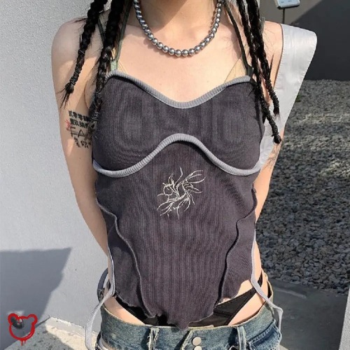 "Ashen Grunge Cropped Blouse" - Black/ Dark grey / M