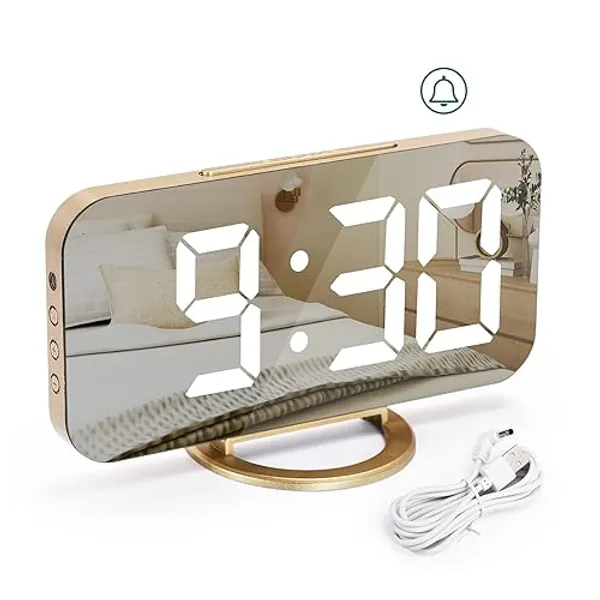 Digitaler Wecker mit Große LED, 6.5" Ohne Ticken, Uhr Tischuhr, Alarm Clock Digitaluhr, Uhr Digital Wecker mit Schlummermodus, Verstellbare Helligkeit, 2 USB-Ladeanschlüsse-Gold - Gold