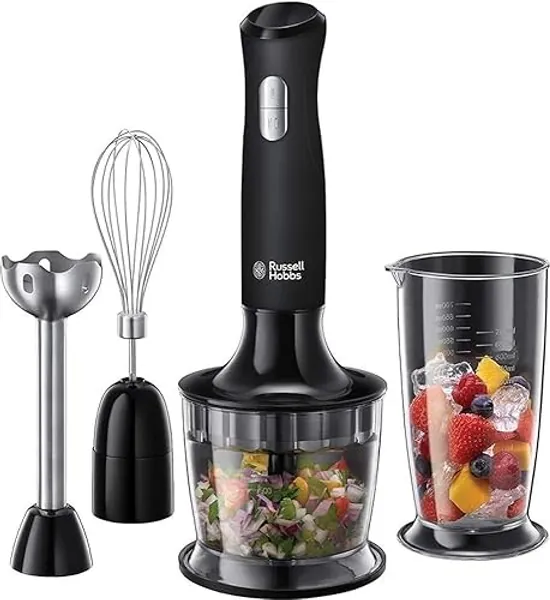 Russell Hobbs Stabmixer [3-in-1: Pürierstab/Zerkleinerer, Mixer- & Schneebesenaufsatz] Matt Schwarz (BPA-freies & spülmaschinenfestes Zubehör, für Smoothie, Suppen Saucen, Joghurt Babynahrung)24702-56 - Mittel - Schwarz
