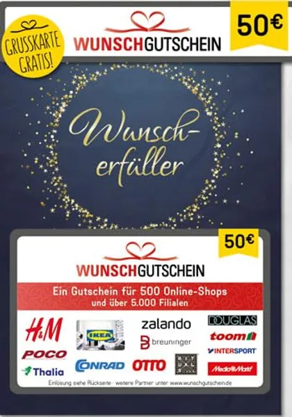 Wunschgutschein das perfekte Geschenk - 500 Einlösepartner - für Deutschland - per Post - 50 - Wunscherfüller gold