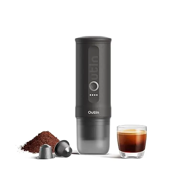 OutIn Nano tragbare elektrische Espressomaschine, Camping-Kaffeemaschine, Selbsterhitzung mit USB-C, kompatibel mit gemahlenem Kaffee & NS-Kapsel - Space Grau
