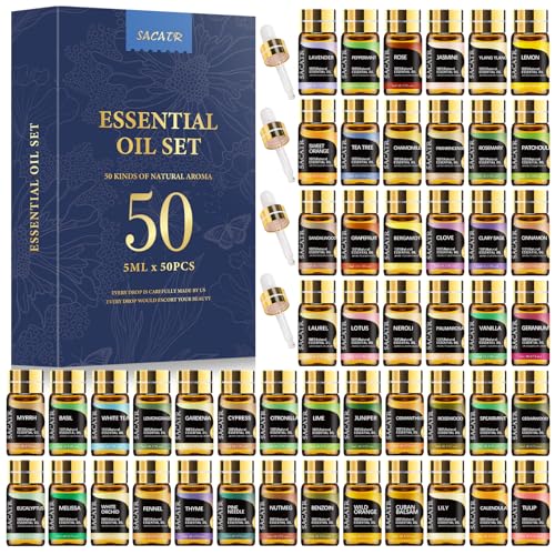 50 Pcs Essential Oils by SACATR 100% Natural Essential Oil Set -Aromatherapy Oils Gift Set for Diffuser, Home Care, Soap, Bath Bombs,Candle Making(50 * 5ML) - 50*5ml