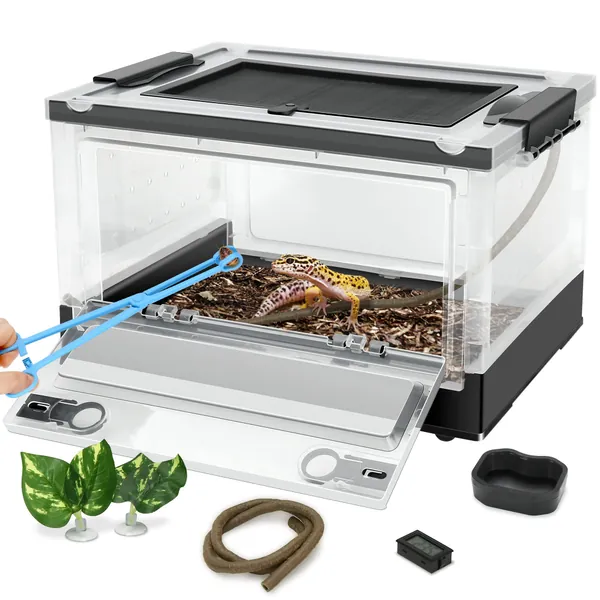 NEPTONION Reptile Terrarium 15.5"x12"x9" Reptile Breeding Enclosure Kits, Comes with Thermometer, Tong, Bowl and Some Decors, Suitable for Gecko,Chameleon, Lizard, Iguana,Snake, Bearded Dragon