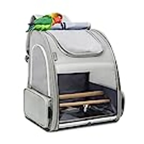 Texsens Bird Carrier Backpack - Pet Travel Cage with Stainless Steel Tray and Standing Perch, Breathable & Portable, for Small Birds, Green Cheek, Cockatiel, Parrot (Grey)