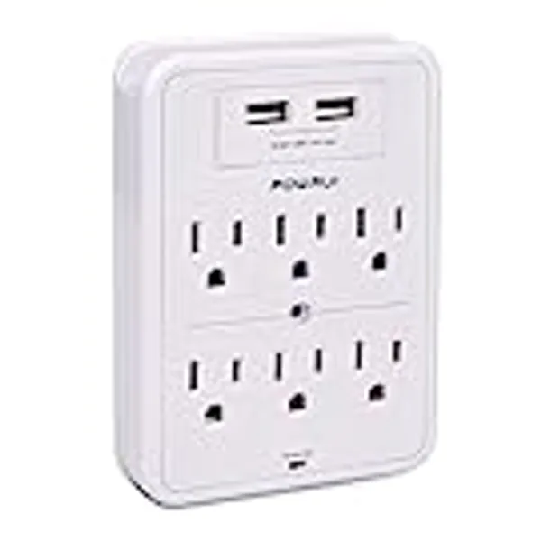 POWRUI Surge Protector, USB Wall Charger with 2 USB Charging Ports(Smart 2.4A Total), 6-Outlet Extender and Top Phone Holder for Your Cell Phone, White, ETL Listed