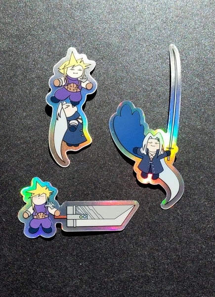 FFVII • Cloud Strife & Sephiroth • Waterproof! Silver + Rainbow Holo Vinyl Stickers