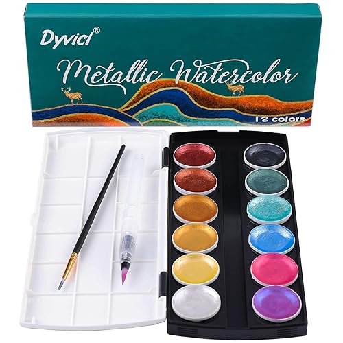 Dyvicl Glitter Metallic Watercolor Paints, 12 Assorted Colors, Portable Box with Water Brush, Sparkle Metallic Accents for Black Paper Drawing, Illustrating, Card Making, Coloring Books - 1st Generation