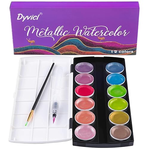 Dyvicl Glitter Metallic Watercolor Paints, 2nd Generation, 12 Assorted Colors, Portable Box with Water Brush, Sparkle Metallic Accents for Black Paper Drawing, Illustrating, Card Making, Coloring Books - 2nd Generation