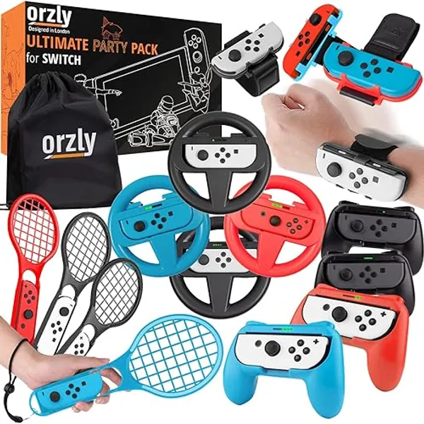 Orzly Sports Family Party Pack Accessories Bundle Designed for Nintendo Switch and OLED Console Games with Tennis Badminton Rackets, Controller Grips, Wheels & Wrist Dance Bands - with Carry Sack
