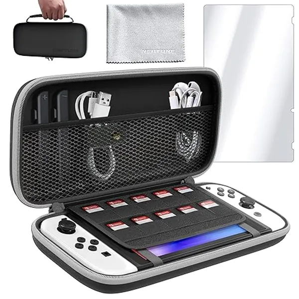 Neptune Protective Shell Carrying Case For Nintendo Switch/OLED - Protection Kit w/ Game Cartridge Holder, Water-Resistant Shell, Microfiber Towel & Screen Protector, Ultimate Travel Companion Bundle - Black/White