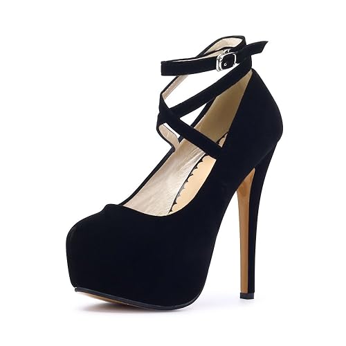 OCHENTA Women's Ankle Strap Platform Pumps Stiletto Party Dress Heel - 10 - Velvet Black