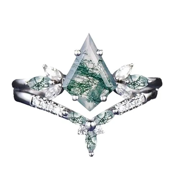 AHTAMOS Natural Moss Agate Ring Set 925 Sterling Silver Moss Agate and Moissanite Engagement Ring for Women Free Engraving - Style 4