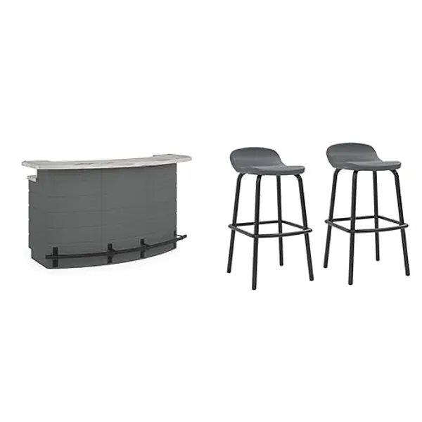 Suncast Backyard Oasis Entertainment Pull-Out Drawers and Shelving Space, Water-Resistant Outdoor & Outdoor Modern Resin Patio Bar Stools with Footrest, Set of 2 Bar-Height Chairs - Marble + Bar Stools