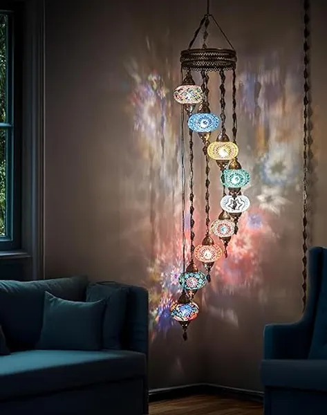 DEMMEX 11 Globes Plug-in Raindrop Spiral Turkish Moroccan Mosaic Chandelier | Bohemian Lighting | Perfect for Living Room or Bedroom Corners | 5'' Handcrafted Mosaic Shades | 7-Foot Height