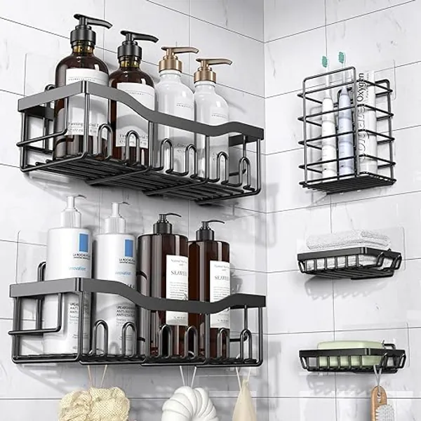 EUDELE Adhesive Shower Caddy, 5 Pack Rustproof Stainless Steel Bath Organizers With Large Capacity, No Drilling Shelves for Bathroom Storage & Home Decor - Black - Larger Size