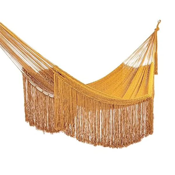 NOVICA Artisan Handmade Cotton Rope Hammock Amber Yellow Triple Mexico Solid Bohemian Tropical Decor [Bed Size 75in L x 91in W Total Length 138in L Fringe 15.75in L] ' Amber Cascade' Triple
