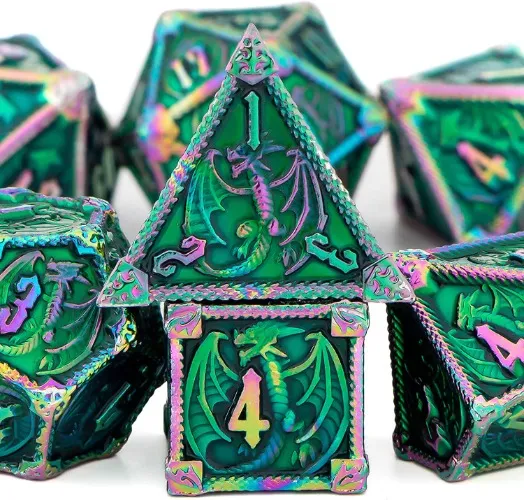OUKELANWO Metal Dice Set Roll with Gift Box (Rainbow Green)