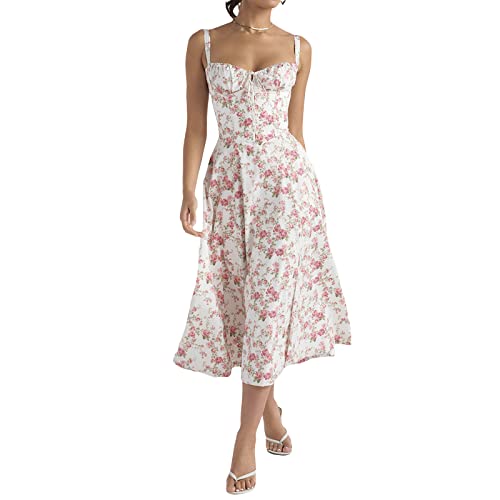 Women's Puff Sleeve Split Maxi Dress Square Collar Ruffle Floral Boho Dresses Cottagecore Backless Sundress - Medium - Midi Dress-red Floral