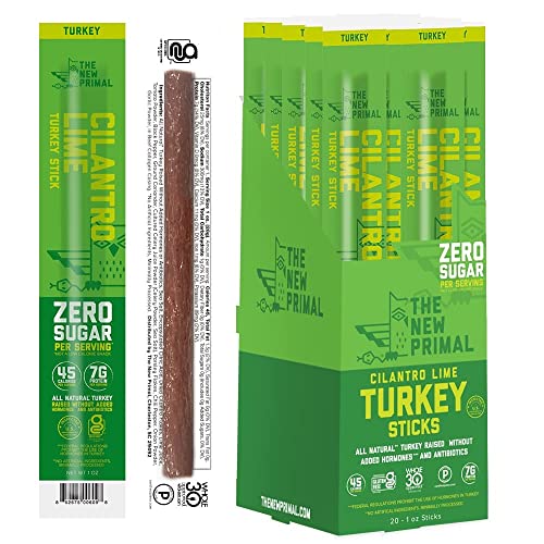 The New Primal All Natural Turkey Sticks, Lightly Peppered, Keto & Gluten Free Healthy Snacks for Adults, Sugar Free Low Carb High Protein Snack, Paleo Whole30 Jerky Meat Stick, 7g Protein, 45 Calories (Cilantro Lime Turkey, 20 Count (Pack of 1)) - Cilantro Lime Turkey - 1 Count (Pack of 20)
