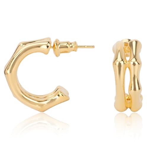 Small Gold Hoop Earrings For Women | 18K Gold Plated Sterling Silver Post | Double Hoop Earrings Bamboo Design | Non Tarnish Waterproof Earrings | Gift For Her