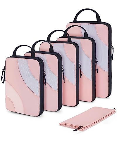 Compression Packing Cubes, BAGSMART 6 Set Travel Packing Cubes for Carry on Suitcases, Compression Suitcase Organizers Bag Set & Travel Cubes for Luggage, Lightweight Packing Organizers with Shoe Bag - 6 Set - 01-Baby Pink
