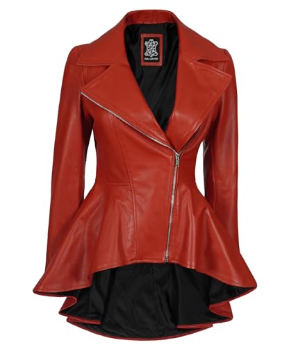 Decrum Womens Leather Jacket - Real Lambskin Asymmetrical Peplum Style Leather Jackets for Women - X-Small - Peplum - Red Leather Jacket