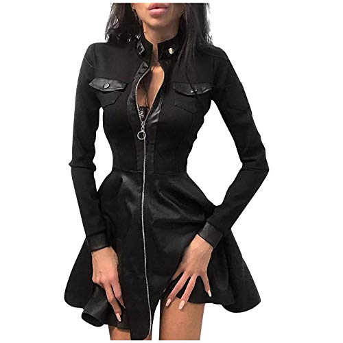 FOVIGUO Women’s PU Leather Dress Front Zipper Sheer Sleeve Gothic Cocktail Club Party Flared Dresses - C-black - Small