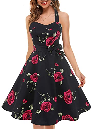 Topdress Women'sVintage Polka Audrey Dress 1950s Halter Retro Cocktail Dress - Small - Black/Fuchisa Rose