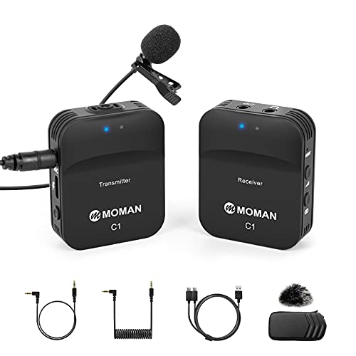 NEED - Moman C1 Wireless Lavalier Microphone, 2.4GHz Compact Wireless Lapel Mic System with Noise Cancellation 230FT Transmission 8H Battery Life for DSLR Cameras/Smartphone/Tablet/Live Streaming