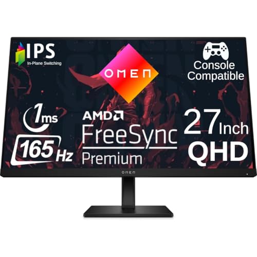 HP OMEN 27q 27 inch QHD Gaming Monitor 165Hz IPS 1ms AMD Freesync Premium Console Compatible DisplayPort Dual HDMI VESA Mountable for Laptop Computer PS5 Xbox Desk Setup, Black (Renewed) - Flat Screen 165Hz