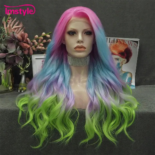 55.0US $ 50% OFF|Imstyle Colorful Pink Blue Green Wig Synthetic Lace Front Wig Multicolor Lace Wigs For Women Heat Resistant Fiber Cosplay Wig - Synthetic Lace Wigs(for White) - AliExpress