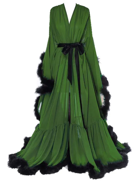 Molisa Women's Sexy Feather Bridal Robe Long Wedding Scarf Illusion Bathrobe Sleepwear Lingerie Robe Nightgown - Large-X-Large Dark Green+black
