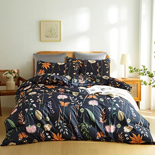 CoutureBridal Floral Duvet Cover Set Queen, Black Duvet Cover with Pink Floral Colorful Botanical Yellow Butterfly 3D Printed Bedding Set 3 Pcs Soft Microfiber Comforter Cover with Zipper Ties - 0315fw10 - Queen