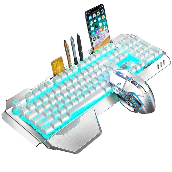 Wireless Gaming Keyboard and Mouse,RGB Backlit Rechargeable Keyboard Mouse with 5000mAh Battery Metal Panel,Removable Hand Rest Mechanical Feel Keyboard and 7 Color Gaming Mouse for PC Gamers (White Blue)