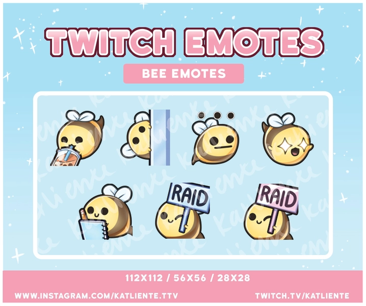 Kawaii Bee Emotes, Raid, Lurk, Boba, Notes, Meh - Twitch, Discord, YouTube | Katliente, Kaliente