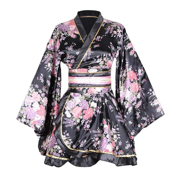 Women's Kimono Costume Adult Japanese Geisha Yukata Cute Floral Pattern Dress Flower Satin Bathrobe Sleepwear with OBI Belt 